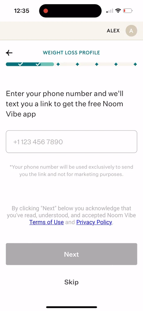 Noom onboarding screen 40: Asking for a phone number to text the Vibe app link, with a skip