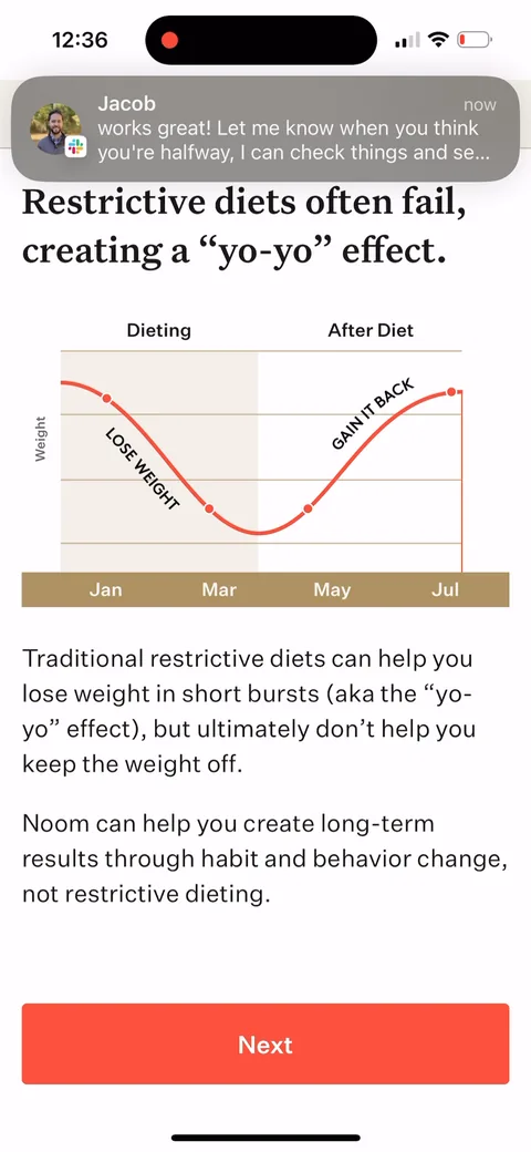 Noom onboarding screen 54: Coach-style chat screen teaching why 'restrictive diets often fail' and cause yo-yo dieting