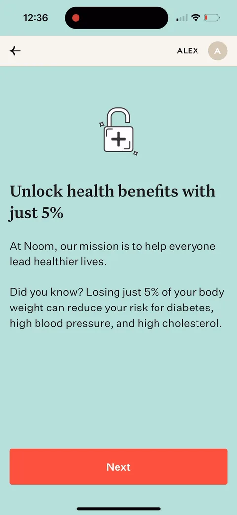 Noom onboarding screen 62: Reframes the goal around health: 'losing just 5% of your body weight can reduce your risk for diabetes, high…