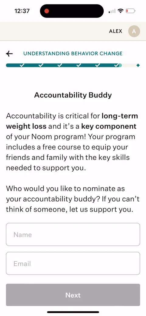 Noom onboarding screen 71: Accountability buddy: 'noomers with support systems lose weight 32% faster,' and your program includes a free…