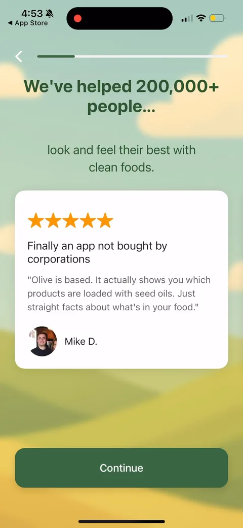 Olive onboarding screen 4: A testimonial card from 