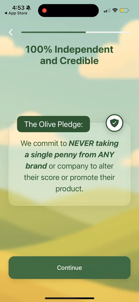 Olive onboarding screen 10: The Olive Pledge: 