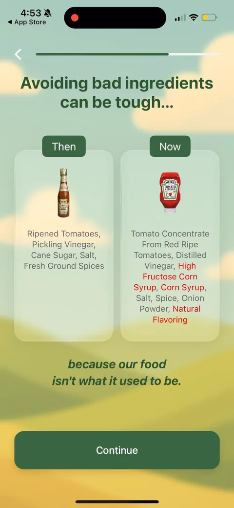 Olive onboarding screen 13: A side-by-side of a clean ingredient list vs one with high fructose corn syrup
