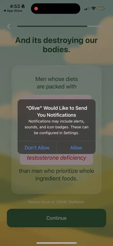 Olive onboarding screen 14: The notification permission fires mid-sentence under a shock stat about testosterone deficiency and seed oils