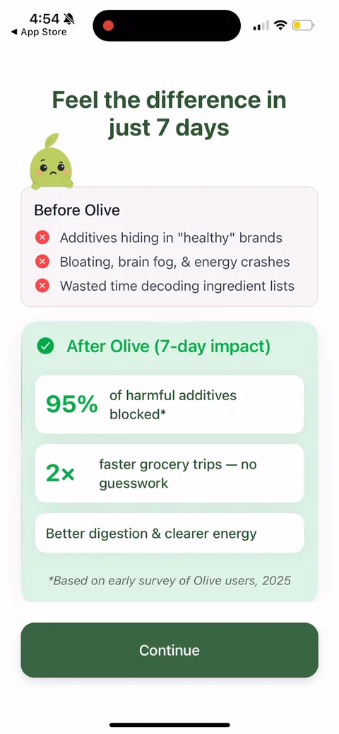 Olive onboarding screen 20: A before/after of life with and without olive: 