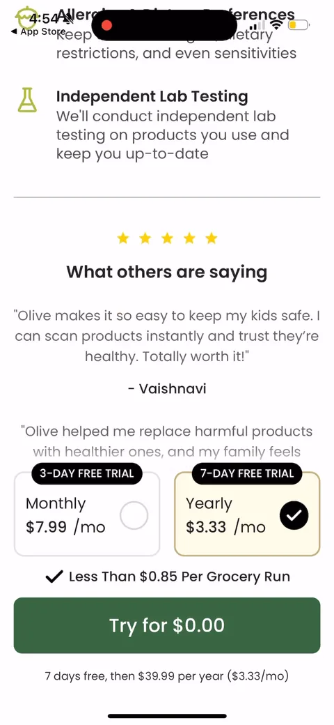 Olive onboarding screen 25: Paywall defaults to Yearly at $3.33/mo with a 7-day trial, monthly $7.99 sitting next to it as the anchor