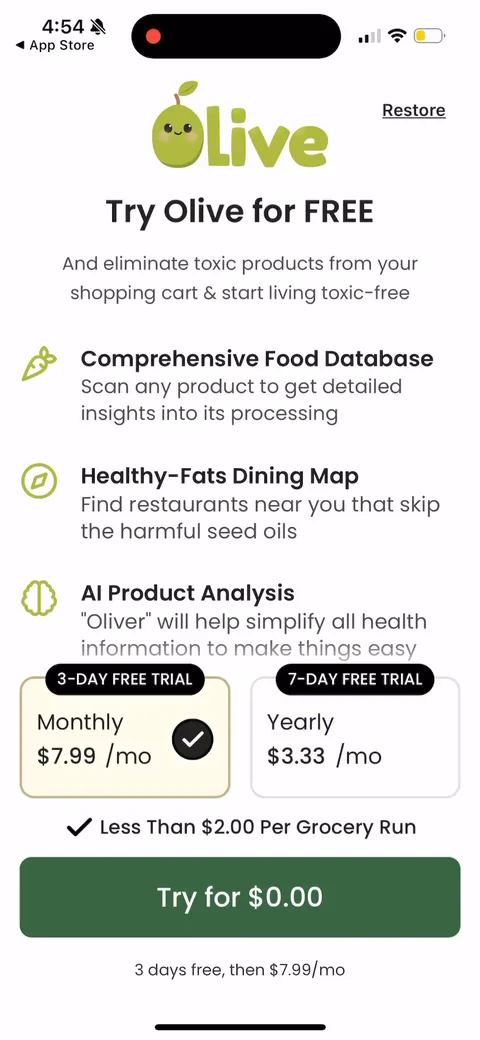 Olive onboarding screen 29: A second paywall config: monthly default with a 3-day trial, reframed as 