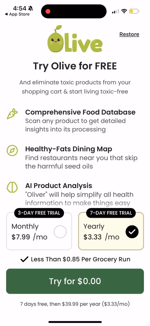 Olive paywall with pricing, onboarding screen 32