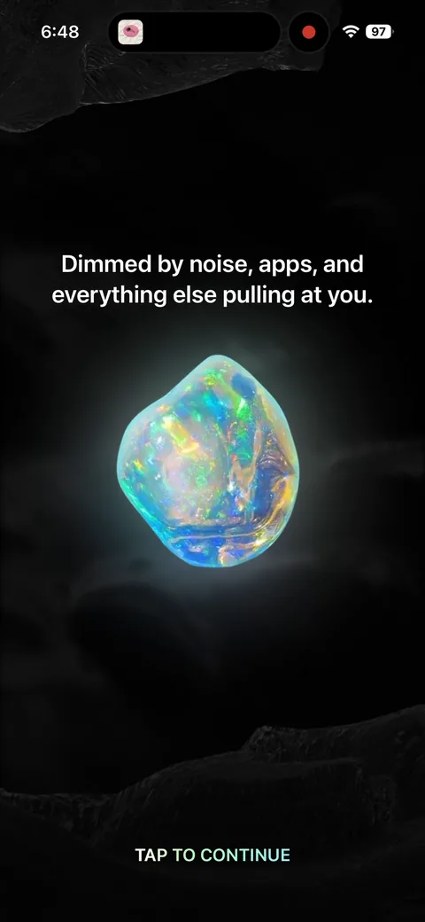 Opal onboarding screen 1: Cold-open emotional hook before any sign-up or value: 'Dimmed by noise, apps, and everything else pulling at…