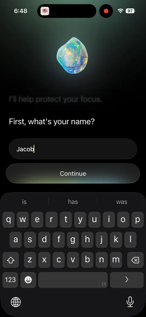 Opal onboarding screen 3: Name capture, framed as the coach getting to know you ('I'll help protect your focus' → 'First, what's your…