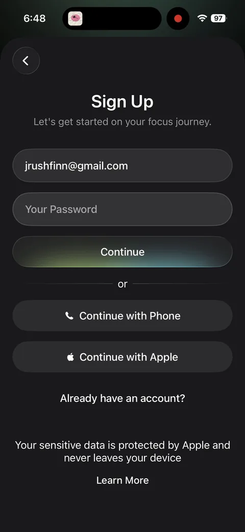 Opal onboarding screen 7: Email-first wall placed extremely early, before any quiz or value is delivered
