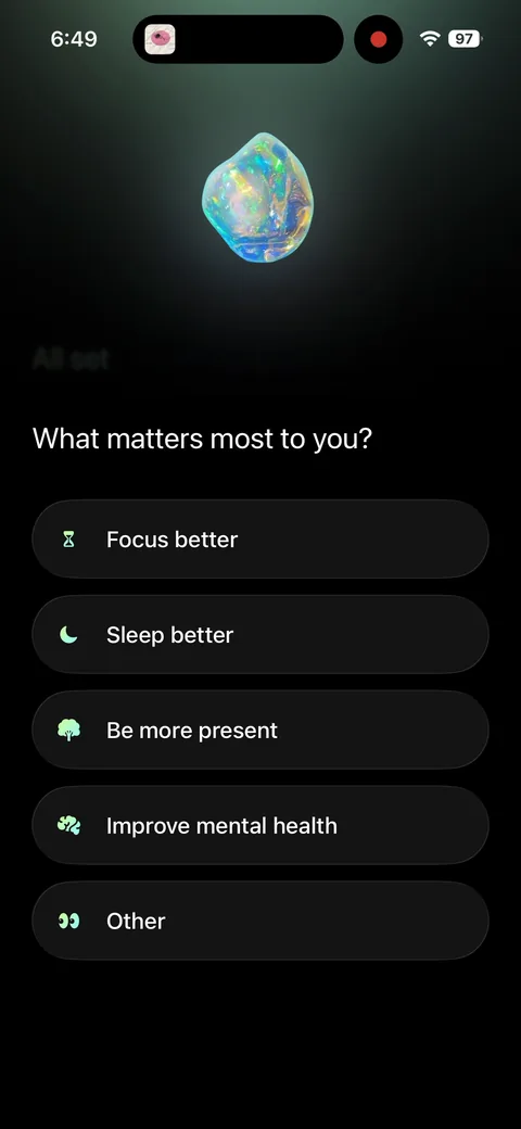 Opal onboarding screen 13: Goal-setting opener: 'What matters most to you?' (Focus / Sleep / Be more present / Improve mental health)