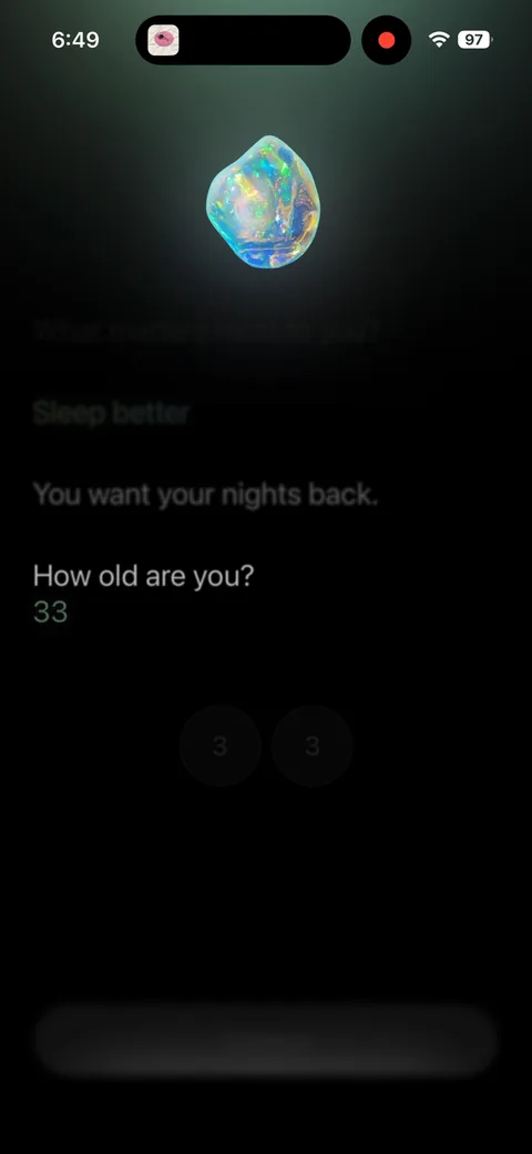 Opal onboarding screen 15: Age question, but notice the running recap above it ('Sleep better → You want your nights back')
