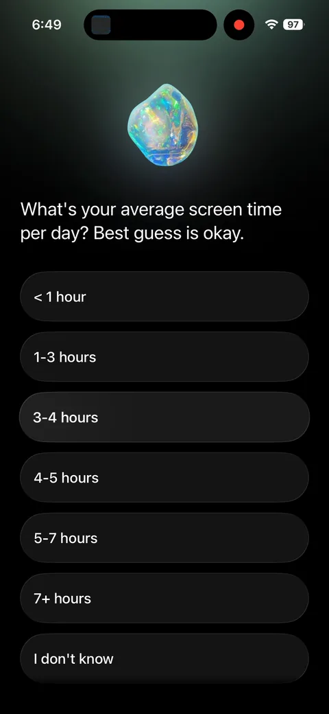 Opal onboarding screen 20: Self-reported screen time input ('best guess is okay')