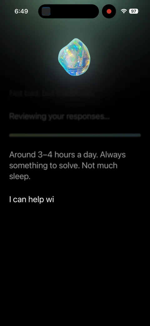 Opal onboarding screen 22: 'Reviewing your responses…' with a progress bar