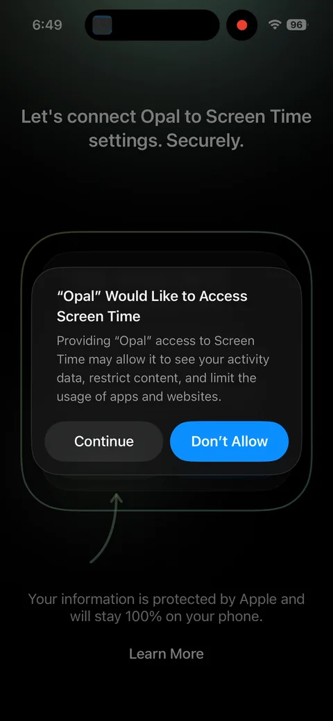 Opal onboarding screen 27: Screen Time / Family Controls permission ask, pre-framed with 'Let's connect Opal to Screen Time