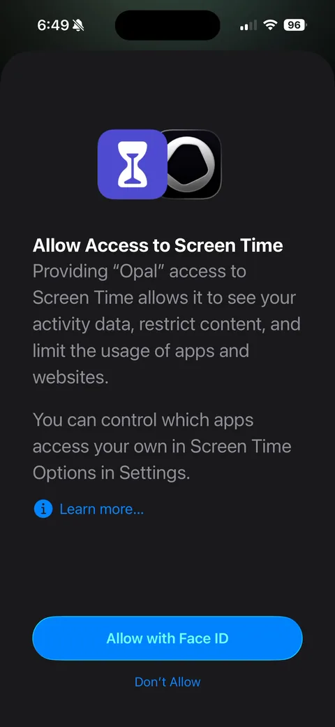 Opal onboarding screen 29: Native Screen Time authorization dialog ('Allow with Face ID')