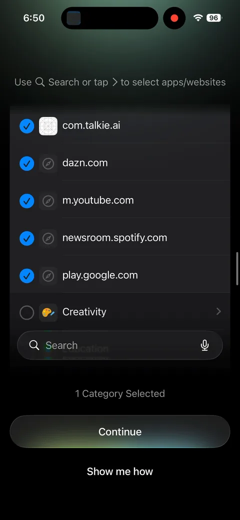 Opal onboarding screen 38: App/website blocking selection where users pick categories and specific apps to restrict