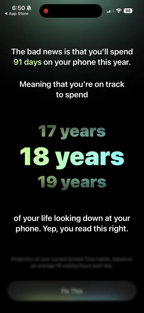 Opal onboarding screen 46: Escalation of the same projection to '18 years of your life looking down at your phone.' Animated count-up…