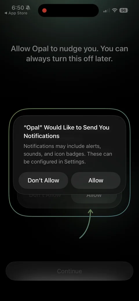 Opal onboarding screen 52: Notification permission ask, primed with 'Allow Opal to nudge you' and an arrow pointing at the system dialog