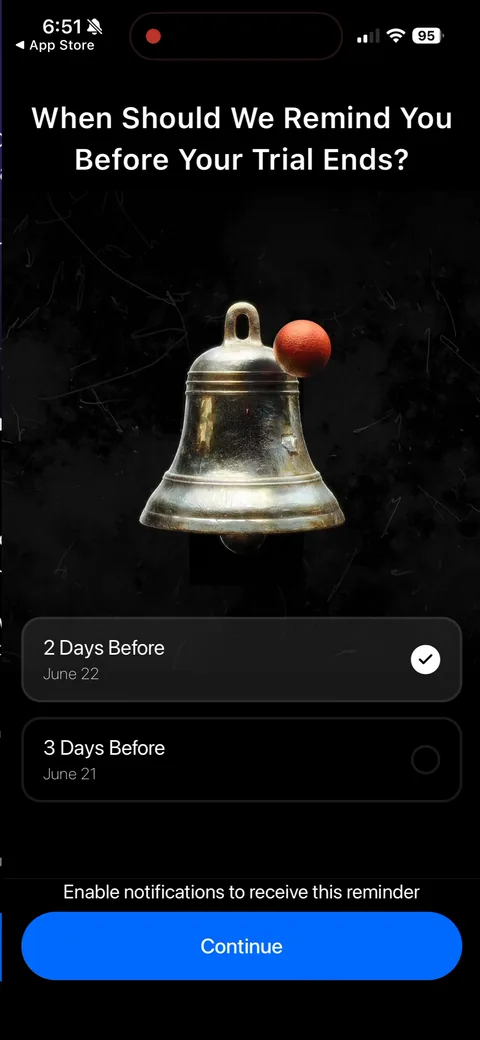 Opal onboarding screen 61: Trial-reminder scheduling ('When should we remind you before your trial ends?') with 'Enable notifications to…