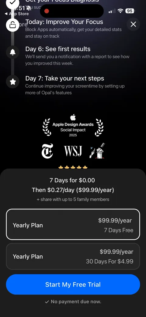 Opal onboarding screen 67: Primary paywall