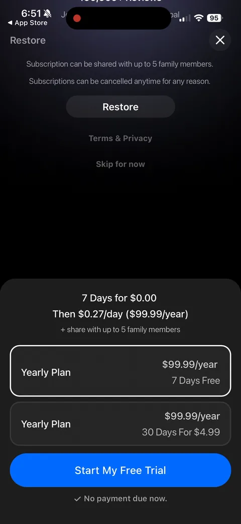 Opal onboarding screen 68: Same paywall with the 'Restore / Terms / Skip for now' sheet exposed