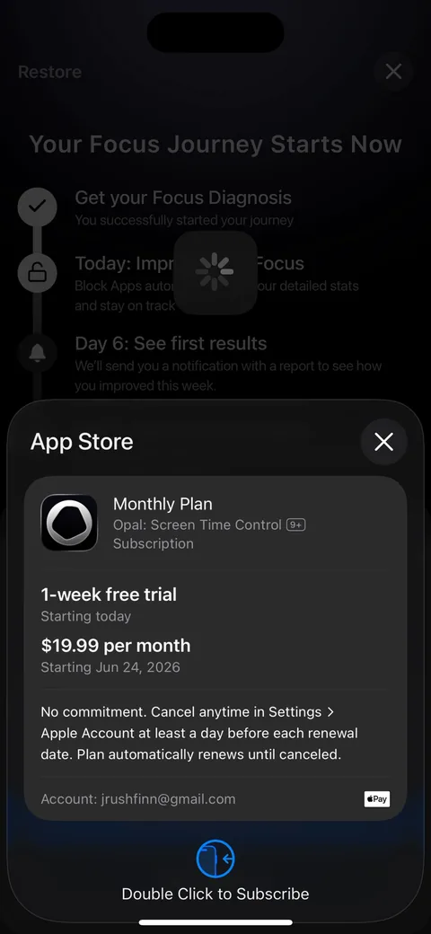 Opal onboarding screen 71: Native StoreKit sheet for the $19.99/month monthly downsell