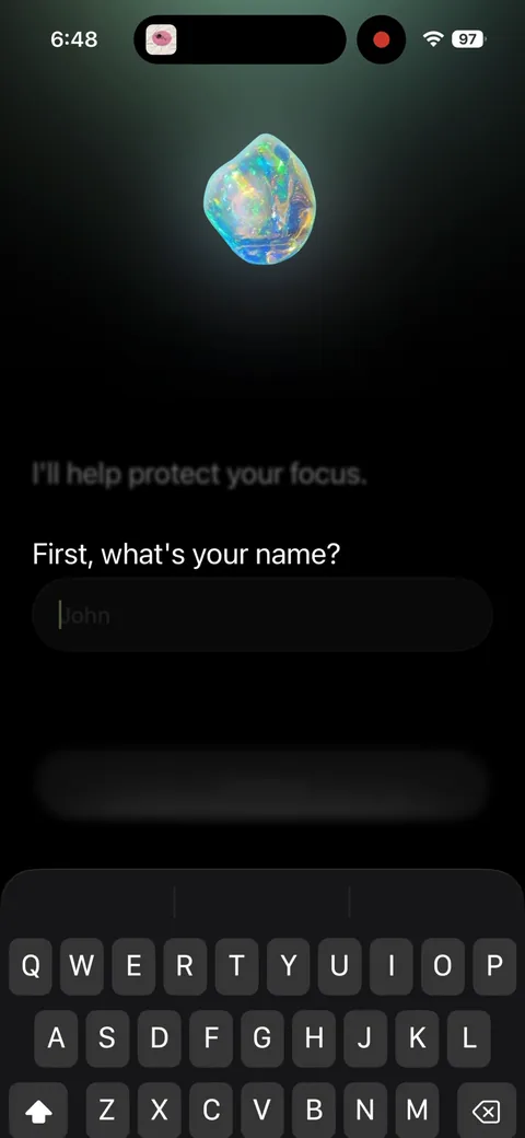Opal onboarding screen 3: First thing they ask is your name, before signup and before any value