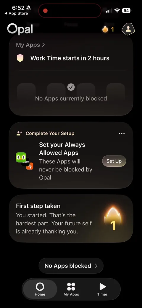 Opal onboarding screen 114: Post-paywall home with a 'Complete your setup' card and 'First step taken