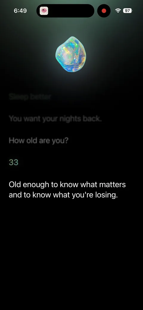 Opal onboarding screen 22: 'Old enough to know what matters and to know what you're losing.' Loss-aversion framing tied to the age you…