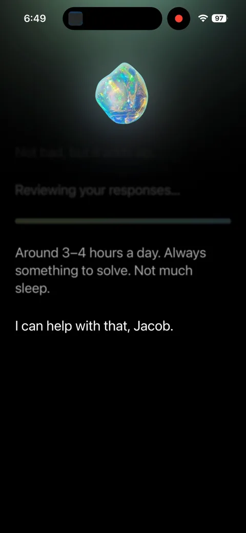 Opal onboarding screen 31: Loading review that plays back your answers in first person: 'Around 3-4 hours a day
