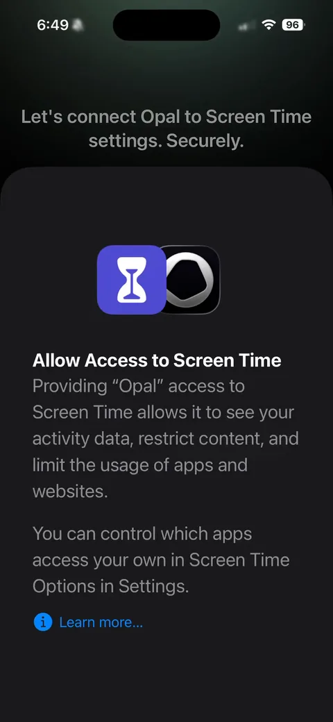 Opal onboarding screen 35: The Screen Time permission, framed as 'connect Opal to Screen Time settings