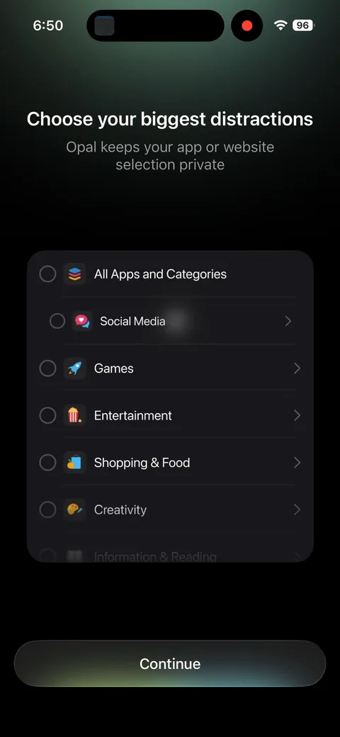 Opal onboarding screen 42: 'Choose your biggest distractions' across social, games, shopping