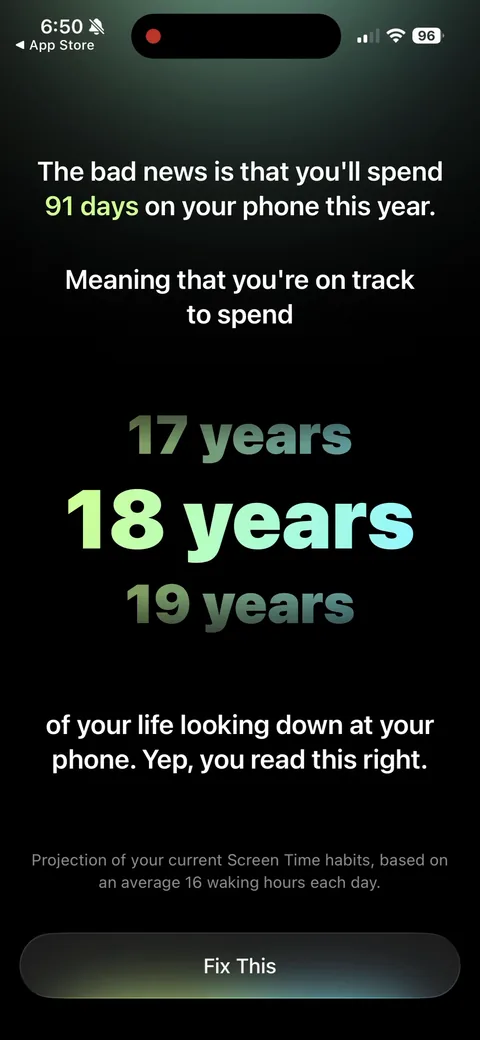 Opal onboarding screen 69: Shock-stat sequence: '91 days on your phone this year' rolling up to '18 years of your life looking down at…