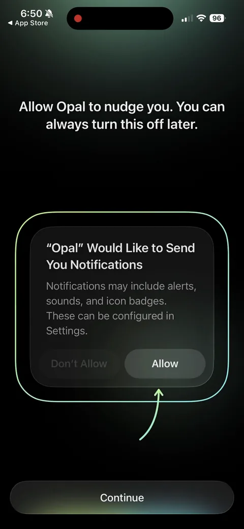 Opal onboarding screen 73: Notification permission framed as 'allow Opal to nudge you,' benefit-first instead of a raw system ask