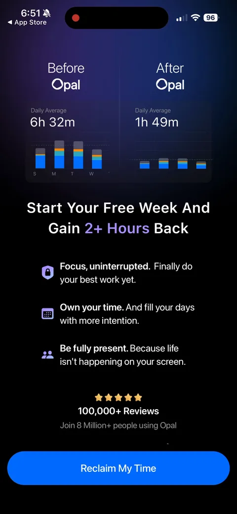 Opal onboarding screen 80: Paywall lead screen: a before/after bar chart (6h 32m down to 1h 49m), 'Start your free week and gain 2 hours…