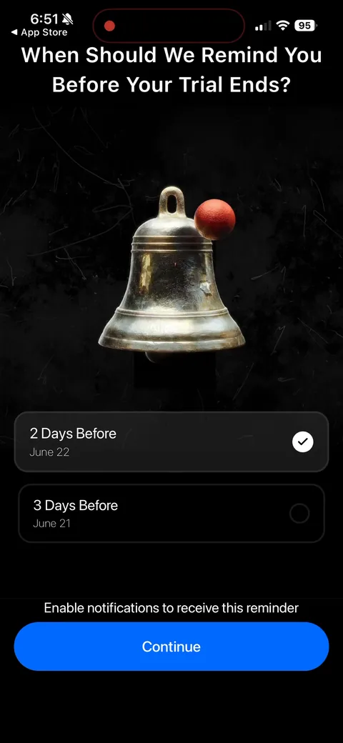 Opal onboarding screen 84: 'When should we remind you before your trial ends, 2 or 3 days before.' Sells the trial as low-risk by…