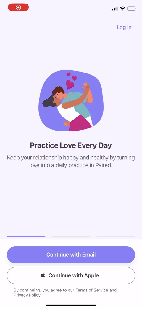 Paired onboarding screen 1: Continue with Email and Continue with Apple sit right on the first value-prop screen, so you're asked to…