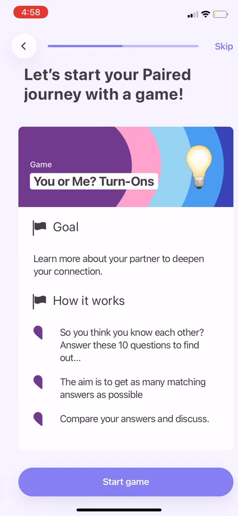 Paired onboarding screen 13: Onboarding opens with a game, You or Me