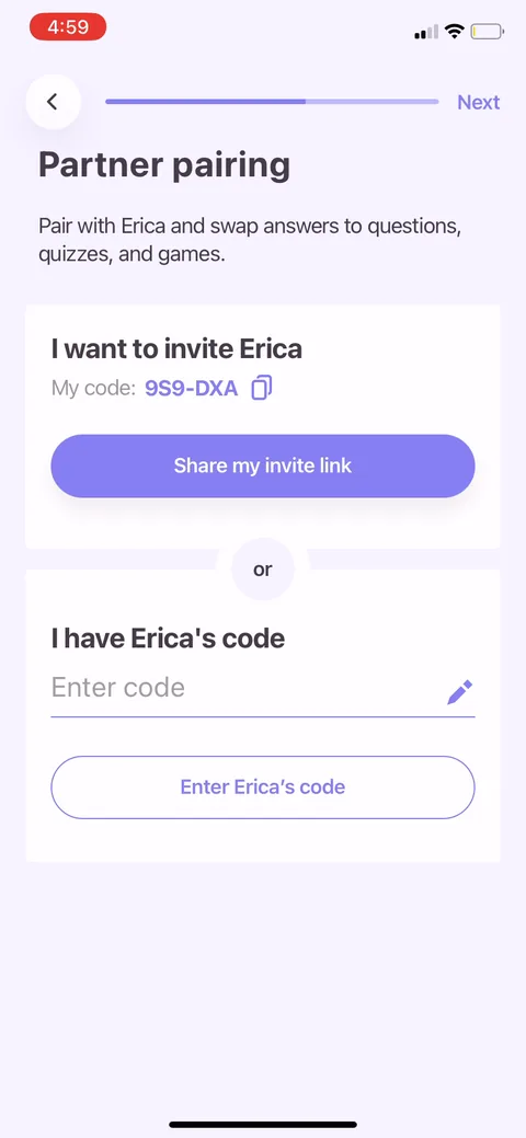 Paired onboarding screen 20: Partner pairing with a share link and an invite code