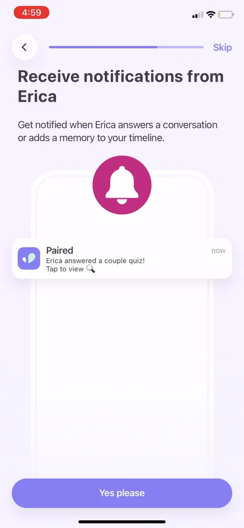 Paired onboarding screen 22: Before the system permission prompt they show a fake notification preview, 'Erica answered a couple quiz, tap…