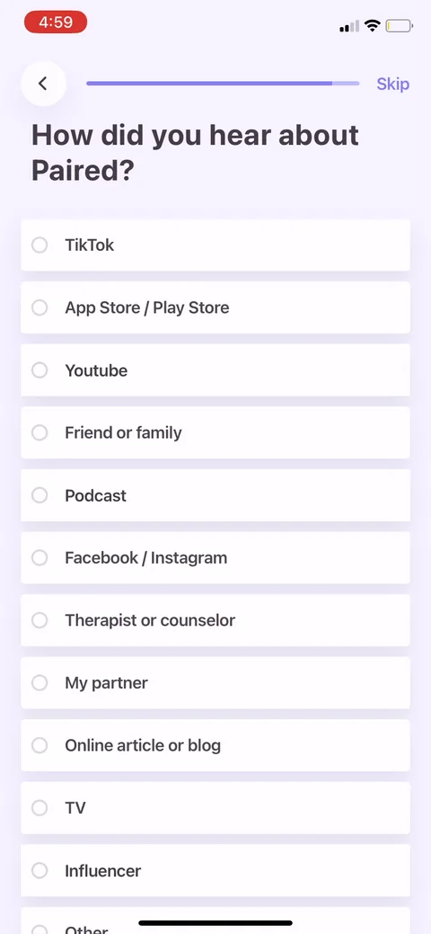 Paired onboarding screen 27: 'How did you hear about Paired' with a long source list, TikTok, podcast, influencer, therapist