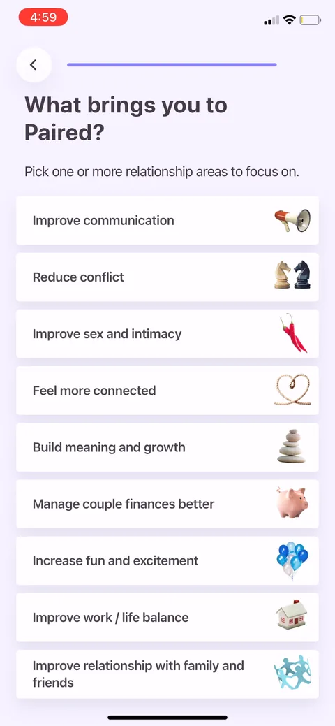 Paired onboarding screen 30: 'What brings you to Paired,' multi-select across communication, conflict, sex and intimacy, finances
