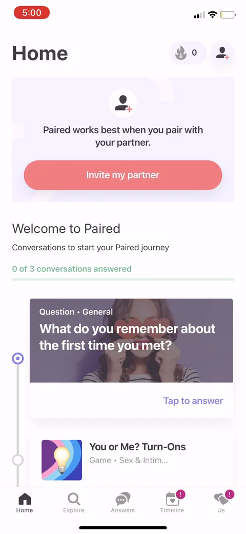 Paired onboarding screen 37: Post-paywall home leads with 'Paired works best when you pair with your partner, invite my partner' plus…