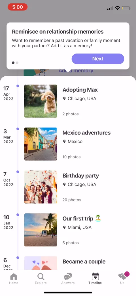 Paired onboarding screen 48: The timeline tour shows memory cards, trips, birthdays, 'became a couple.' It's selling the long-term reason…