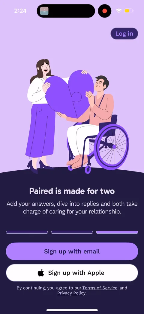 Paired onboarding screen 3: 'Paired is made for two' frames the whole product around the couple, not the individual