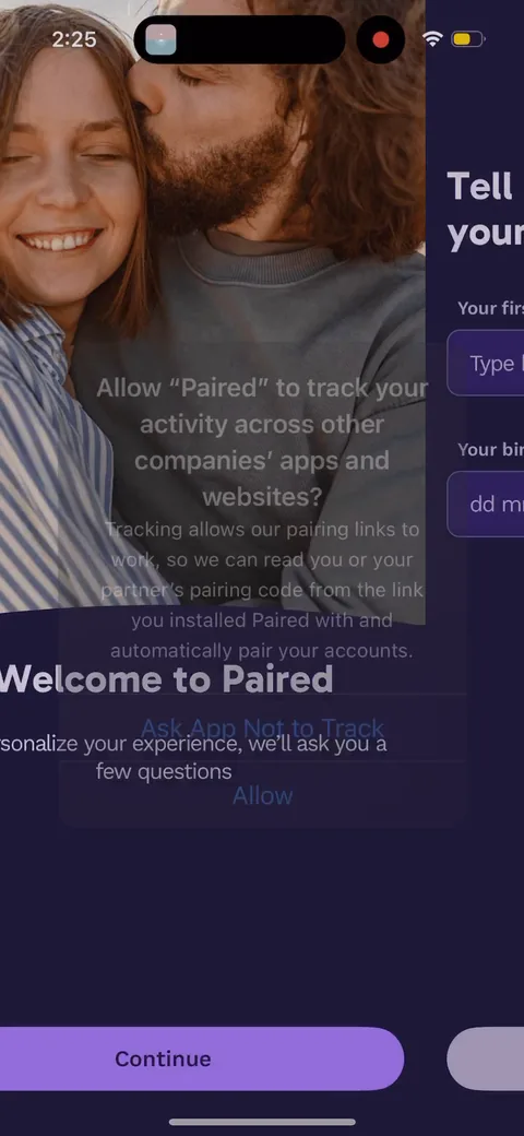 Paired onboarding screen 14: The ATT tracking prompt comes with a real reason: their pairing links use it to auto-match you with the…