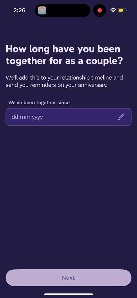 Paired onboarding screen 28: 'We'll send you reminders on your anniversary' turns a profile question into a retention hook