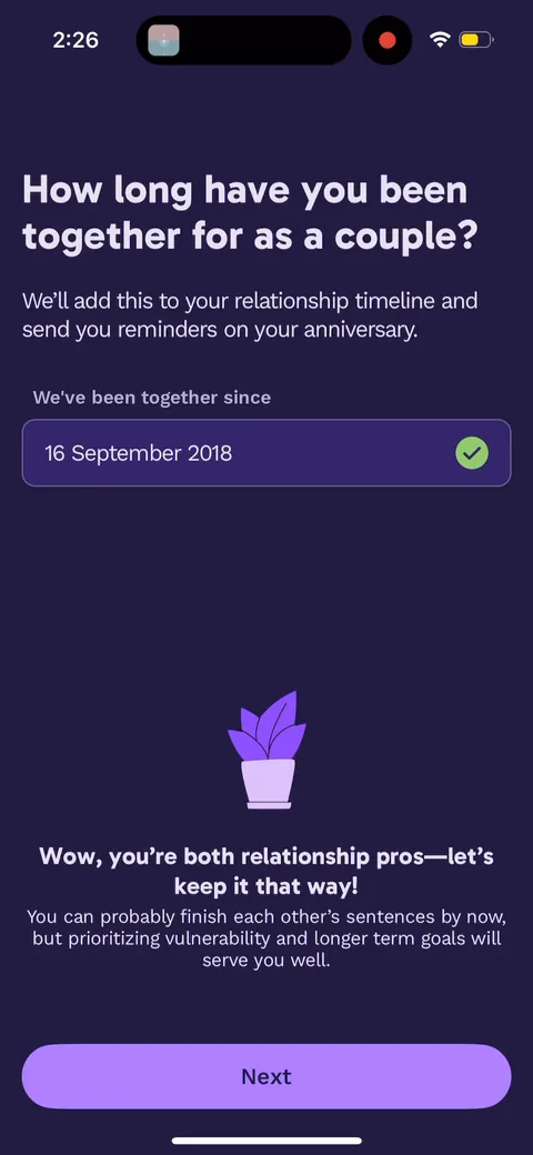 Paired onboarding screen 30: After the relationship questions they hand back a read: 'you're both relationship pros, let's keep it that…